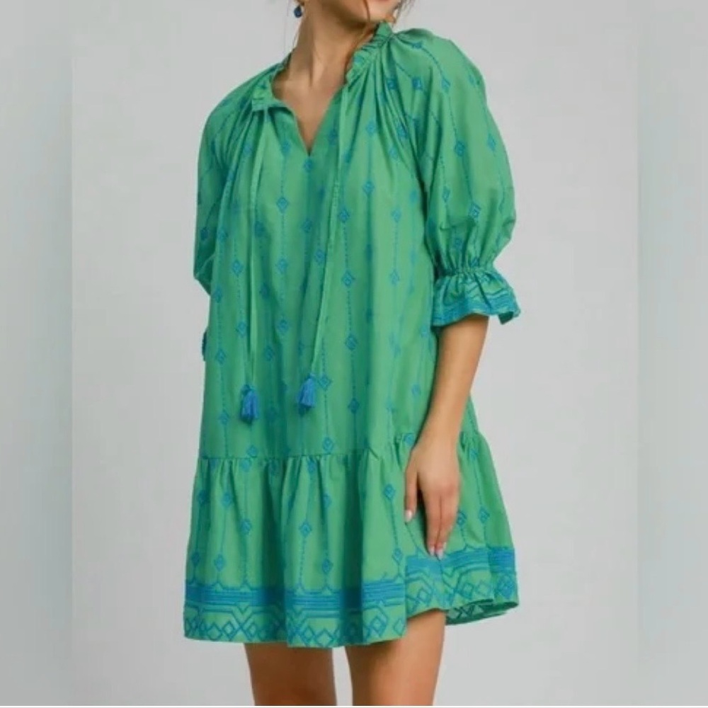 Umgee Embroidered Tassel Tie Mini Dress